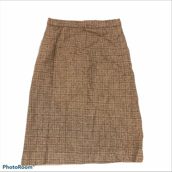 Vintage Wool Tan Plaid Midi Skirt Lined - Picture 1 of 12